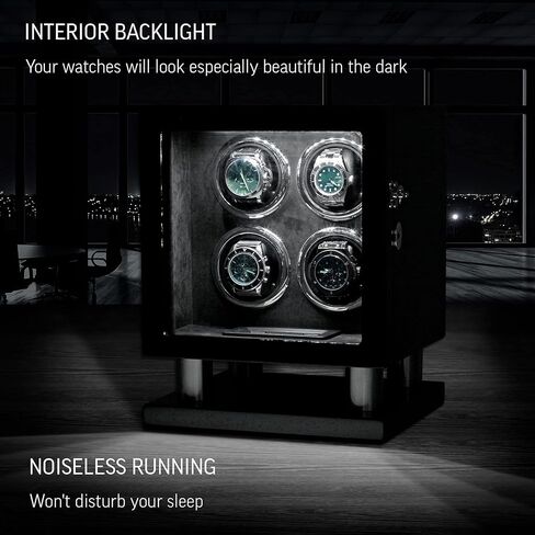 Watch Winder for 4 Automatic Watches with LED Light, LCD Display and Motor-Stop Option (Black + Brown) in Kuwait