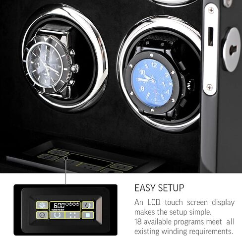 Watch Winder for 4 Automatic Watches with LED Light, LCD Display and Motor-Stop Option (Black + Brown) in Kuwait