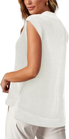 Lueluoye Women's Cap Sleeve V Neck Sweater Vest Trendy Split Hem Ribbed Knit Casual Summer Tunic Tank Tops in Kuwait