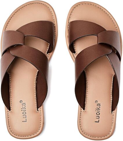 Luoika Women's Wide Width Flat Slides Sandals, Strapy Slide Sandal Slip on Dressy Summer Shoes for Women. in Kuwait