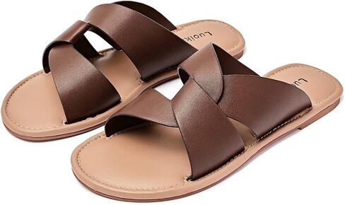 Luoika Women's Wide Width Flat Slides Sandals, Strapy Slide Sandal Slip on Dressy Summer Shoes for Women. in Kuwait