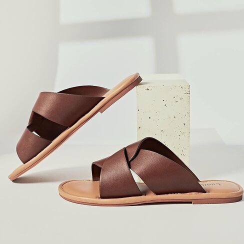 Luoika Women's Wide Width Flat Slides Sandals, Strapy Slide Sandal Slip on Dressy Summer Shoes for Women. in Kuwait