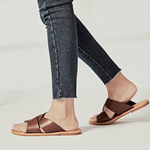 Luoika Women's Wide Width Flat Slides Sandals, Strapy Slide Sandal Slip on Dressy Summer Shoes for Women. in Kuwait