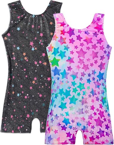 TENVDA Girls Gymnastics Leotards Size 5-6 Years Black Hot Pink Sparkly Stars FittedSleeveless Kids Biketard Tumbling Unitard in Kuwait