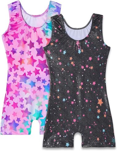 TENVDA Girls Gymnastics Leotards Size 5-6 Years Black Hot Pink Sparkly Stars FittedSleeveless Kids Biketard Tumbling Unitard in Kuwait