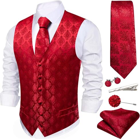 Men's 6PCS Vest Tie Set Business/Leisure Silk Paisley Suit Waistcoat with Handkerchief Clip Pin for Wedding Party in Kuwait
