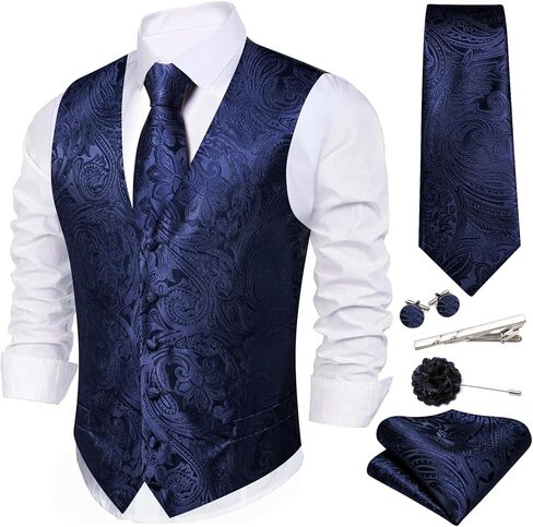 Men's 6PCS Vest Tie Set Business/Leisure Silk Paisley Suit Waistcoat with Handkerchief Clip Pin for Wedding Party in Kuwait
