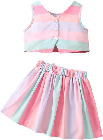OYOANGLE Girl's 2 Pieces Outfits Striped Sleeveless V Neck Button Down Jacket and Bow Pleated Skirts Set in Saudi Arabia