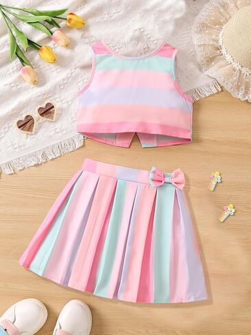 OYOANGLE Girl's 2 Pieces Outfits Striped Sleeveless V Neck Button Down Jacket and Bow Pleated Skirts Set in Saudi Arabia