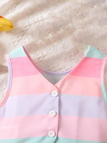 OYOANGLE Girl's 2 Pieces Outfits Striped Sleeveless V Neck Button Down Jacket and Bow Pleated Skirts Set in Saudi Arabia