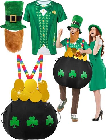 Cuffbow 4 Pcs St. Patrick's Day Costume for Adult Pot of Gold Leprechaun Costume Set Black Cauldron with Rainbow Shoulder Gold Coins Shamrocks T Shirt Hat Beard Accessories for Irish Party Cosplay in Saudi Arabia