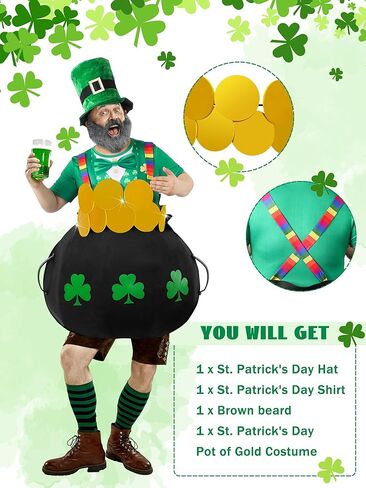 Cuffbow 4 Pcs St. Patrick's Day Costume for Adult Pot of Gold Leprechaun Costume Set Black Cauldron with Rainbow Shoulder Gold Coins Shamrocks T Shirt Hat Beard Accessories for Irish Party Cosplay in Saudi Arabia