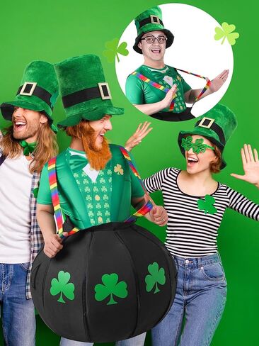 Cuffbow 4 Pcs St. Patrick's Day Costume for Adult Pot of Gold Leprechaun Costume Set Black Cauldron with Rainbow Shoulder Gold Coins Shamrocks T Shirt Hat Beard Accessories for Irish Party Cosplay in Saudi Arabia