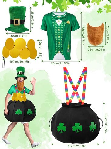 Cuffbow 4 Pcs St. Patrick's Day Costume for Adult Pot of Gold Leprechaun Costume Set Black Cauldron with Rainbow Shoulder Gold Coins Shamrocks T Shirt Hat Beard Accessories for Irish Party Cosplay in Saudi Arabia