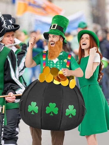 Cuffbow 4 Pcs St. Patrick's Day Costume for Adult Pot of Gold Leprechaun Costume Set Black Cauldron with Rainbow Shoulder Gold Coins Shamrocks T Shirt Hat Beard Accessories for Irish Party Cosplay in Saudi Arabia