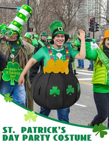 Cuffbow 4 Pcs St. Patrick's Day Costume for Adult Pot of Gold Leprechaun Costume Set Black Cauldron with Rainbow Shoulder Gold Coins Shamrocks T Shirt Hat Beard Accessories for Irish Party Cosplay in Saudi Arabia