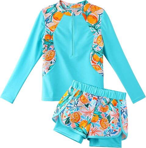 TFJH E 2PCS Girls Long Sleeve Swimsuit UV 50+ Rashguard Tankini Set Kids Swimwear Zipper 3-12Y in Kuwait