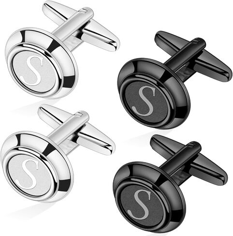 AMITER Mens Cufflinks with Initial A-Z, Classic 26 Letters Cuff Links for Men Business Wedding Shirts - 2 Pairs (Silver + Black) in Kuwait