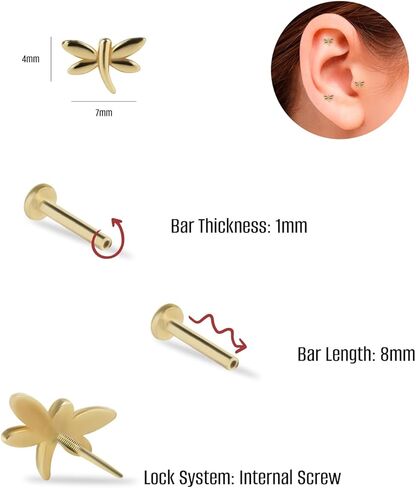 Dragonfly Labret Cartilage Piercing Earring - 14K Solid Yellow Gold - For Helix Tragus Lobe Conch Flat & Other Body Piercing BY KORAL JEWELRY in Saudi Arabia
