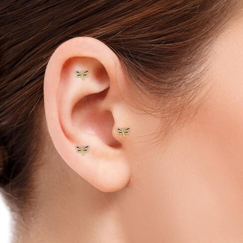 Dragonfly Labret Cartilage Piercing Earring - 14K Solid Yellow Gold - For Helix Tragus Lobe Conch Flat & Other Body Piercing BY KORAL JEWELRY in Saudi Arabia