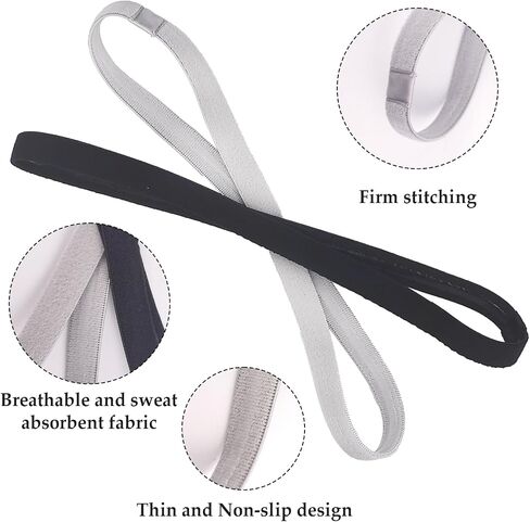 12 Pieces Thin Non-Slip Elastic Sports Headbands, Skinny Athletic Hair Bands for Yoga, Exercise, Running, Soccer, Sweatband in Black and Gray in Saudi Arabia