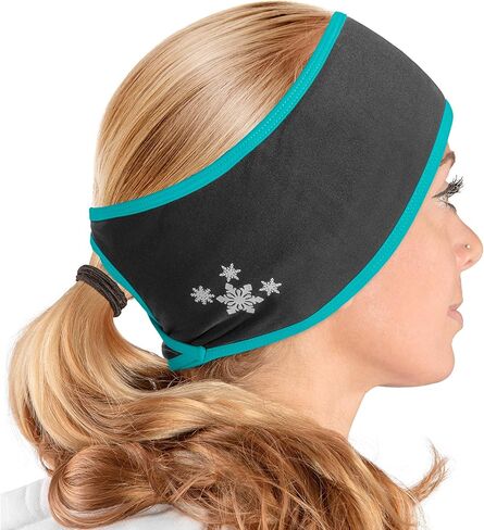 عصابة رأس لتدفئة الأذن للنساء - عصابة رأس من الصوف لتدفئة الأذن مع فتحة ذيل حصان للطقس البارد، عصابات رأس رياضية نسائية لفصل الشتاء، أغطية أذن للعدائين الماصة للرطوبة، أسود in Kuwait