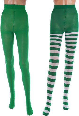 Urieo St. Patrick's Day Striped Tights Hosiery Green Opaque Footed Pantyhose Irish Costume Long Stockings for Women and Girls(Pack of 2 in Kuwait