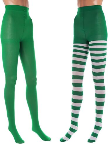 Urieo St. Patrick's Day Striped Tights Hosiery Green Opaque Footed Pantyhose Irish Costume Long Stockings for Women and Girls(Pack of 2 in Kuwait