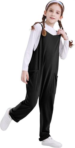 بدلة قفز للفتيات من QIANSIQIANBO بدون أكمام للفتيات بحزام سباغيتي غير رسمي فضفاض وواسع الساق بذلة جيب رومبير للأطفال in Kuwait