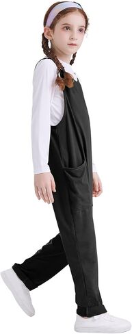 بدلة قفز للفتيات من QIANSIQIANBO بدون أكمام للفتيات بحزام سباغيتي غير رسمي فضفاض وواسع الساق بذلة جيب رومبير للأطفال in Kuwait