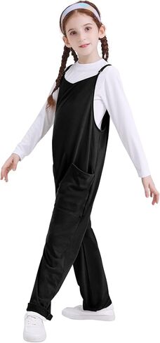 بدلة قفز للفتيات من QIANSIQIANBO بدون أكمام للفتيات بحزام سباغيتي غير رسمي فضفاض وواسع الساق بذلة جيب رومبير للأطفال in Kuwait