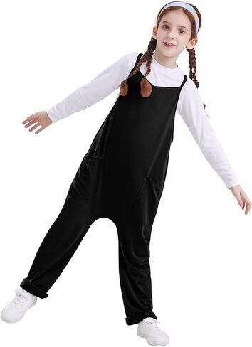 بدلة قفز للفتيات من QIANSIQIANBO بدون أكمام للفتيات بحزام سباغيتي غير رسمي فضفاض وواسع الساق بذلة جيب رومبير للأطفال in Kuwait