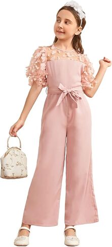 WDIRARA Girl's Appliques Round Neck Sheer Mesh Puff Sleeve Belted Wide Leg Jumpsuit Pants in Saudi Arabia