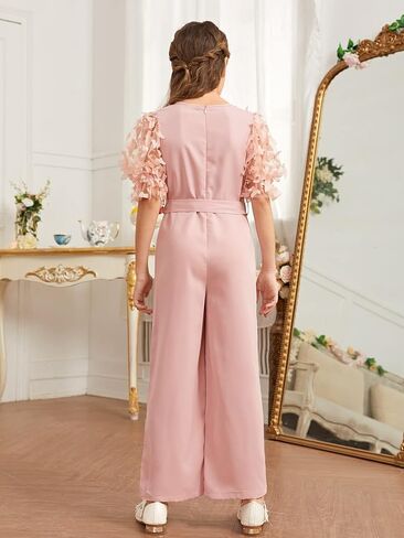 WDIRARA Girl's Appliques Round Neck Sheer Mesh Puff Sleeve Belted Wide Leg Jumpsuit Pants in Saudi Arabia