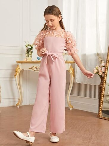 WDIRARA Girl's Appliques Round Neck Sheer Mesh Puff Sleeve Belted Wide Leg Jumpsuit Pants in Saudi Arabia