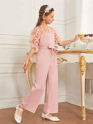 WDIRARA Girl's Appliques Round Neck Sheer Mesh Puff Sleeve Belted Wide Leg Jumpsuit Pants in Saudi Arabia