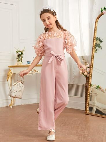 WDIRARA Girl's Appliques Round Neck Sheer Mesh Puff Sleeve Belted Wide Leg Jumpsuit Pants in Saudi Arabia