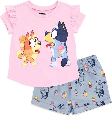 Bluey Girls T-Shirt and Chambray Shorts Outfit Set Toddler to Big Kid Sizes (2T - 10-12) in Saudi Arabia