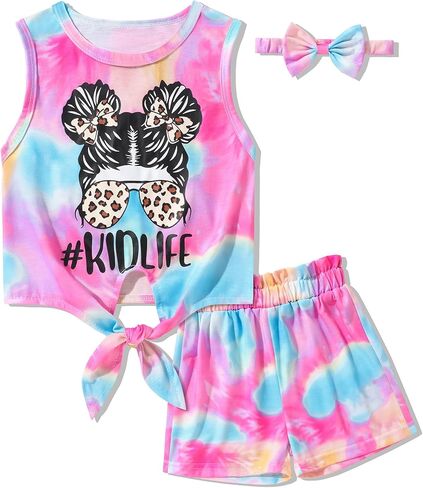 ملابس فتاة لطيف بلا أكمام تي شيرت الأعلى شرقية الخصر السراويل طفل فتاة وتتسابق 3PCS مجموعات الملابس in Kuwait