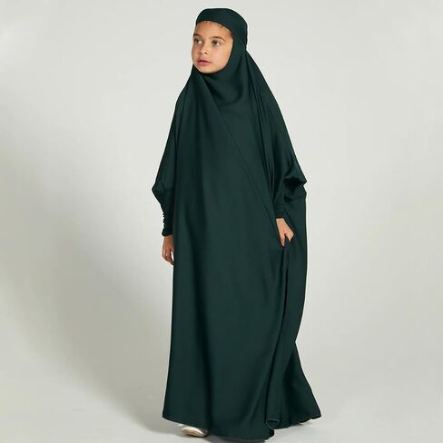 IDOPIP Muslim Dress for Girls One Piece Long Sleeve Islamic Prayer Dress with Hijab Casual Maxi Kaftan Abaya Gown Clothes in Saudi Arabia