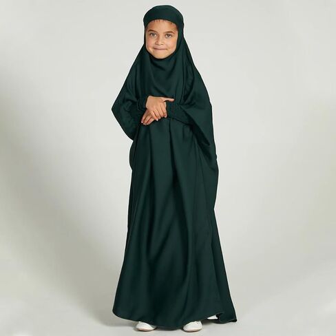 IDOPIP Muslim Dress for Girls One Piece Long Sleeve Islamic Prayer Dress with Hijab Casual Maxi Kaftan Abaya Gown Clothes in Saudi Arabia