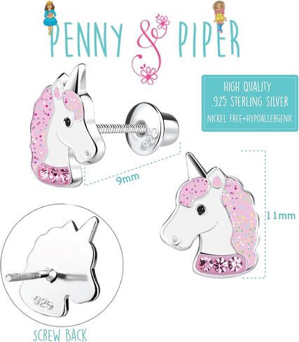 Penny & Piper Unicorn Earrings for Girls - Cute Sterling Silver Kids Earrings - Hypoallergenic Stud Earrings for Little Girls with Secure Screwback - Little Girl Earrings for Kid & Toddler in Saudi Arabia