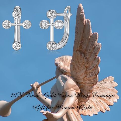 SISGEM White Gold Cross Hoop Earrings for Women Girls,10K Real Gold Cross Crucifix Huggie Earrings Faith Religious Jewelry Gifts for Birthday Christmas in Saudi Arabia