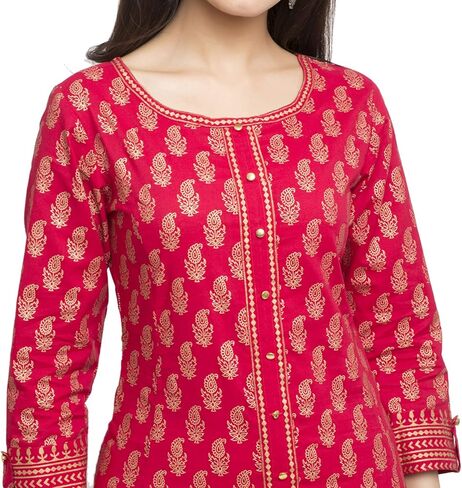 تونيك هندي قطن طباعة ذهبية أناركالي كورتيس للنساء (أحمر) in Kuwait