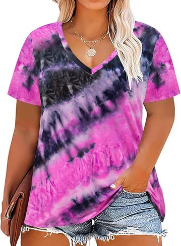 RITERA Women Plus Size Tops Tie Dye V Neck Shirt Floral Camo Summer Short Sleeve Tunic Oversized Ladies Blouse XL-5XL in Saudi Arabia
