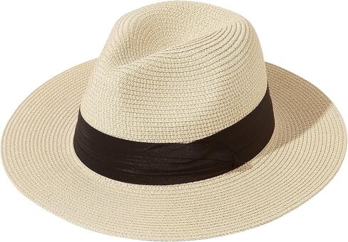 Womens UPF50 Foldable Summer Straw Hat Wide Brim Fedora Sun Beach hat in Kuwait