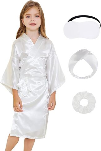 JIKAJA Girls Kids Silky Satin Robe Set for Spa Birthday Wedding Party Flower Girl Robe with Sleeping Mask Hair Band/Ring in Saudi Arabia
