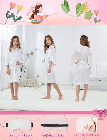 JIKAJA Girls Kids Silky Satin Robe Set for Spa Birthday Wedding Party Flower Girl Robe with Sleeping Mask Hair Band/Ring in Saudi Arabia
