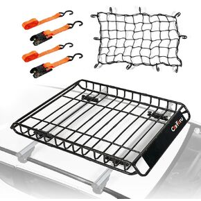 Roof Rack Basket 51" X 36" X 5" Universal Rooftop Cargo Basket, 250LB Heavy Duty Cargo Basket Car Roof Basket for SUV, Truck, Cargo Net with Attachment Hooks, 2pcs Ratchet Straps