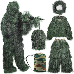5 in 1 Ghillie Suit, 3D Camouflage Hunting Apparel Including Jacket, Pants, Hood, Carry Bag Suitable for Unisex Adults/Youth